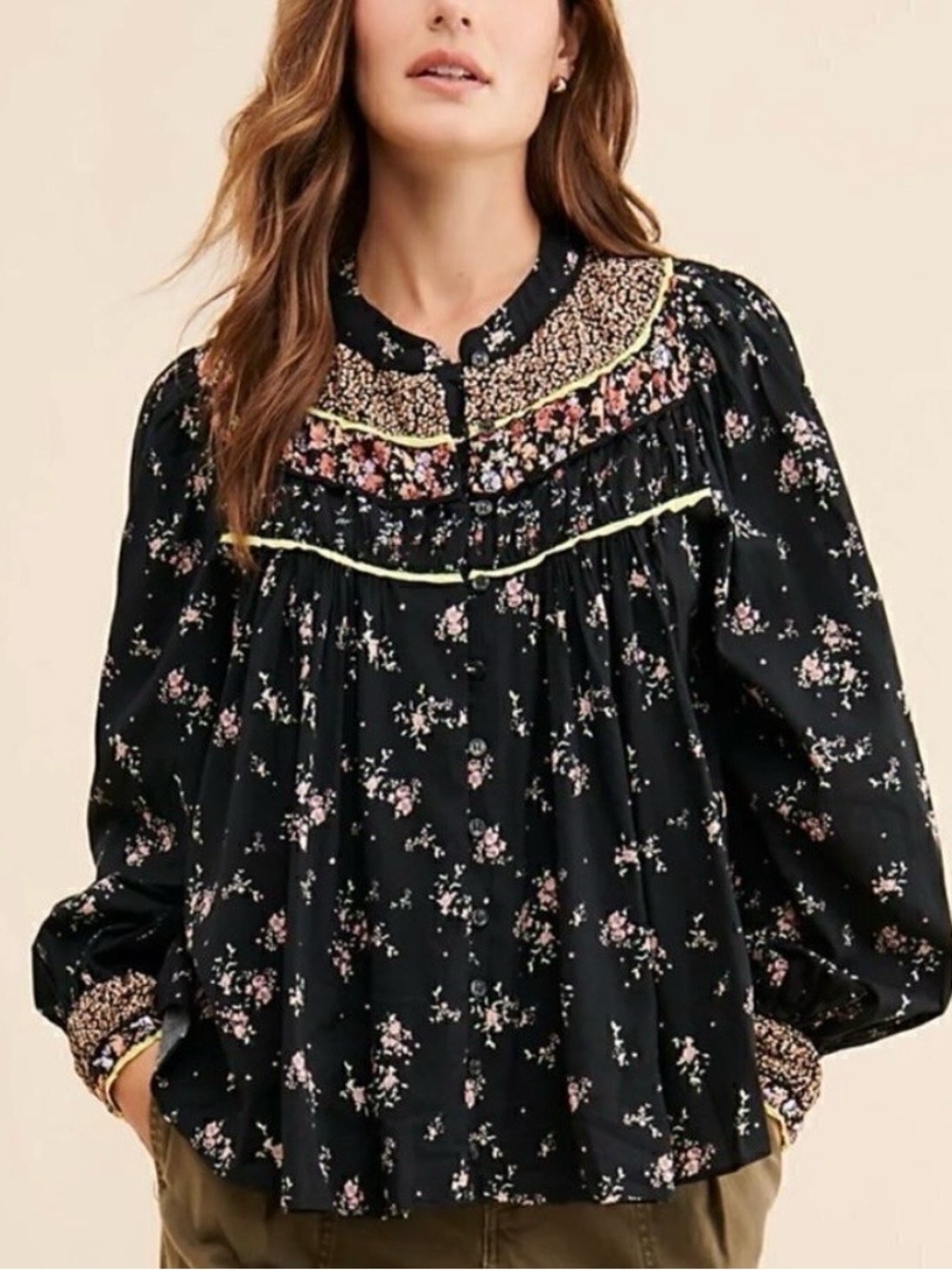 Free People Black Floral Button-Front Blouse with Neon Trim